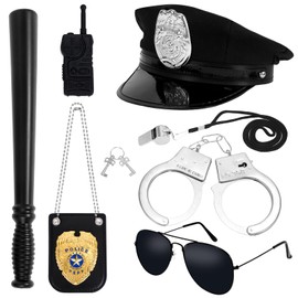 BTHRORO 7Pcs Police Accessories Kids, Police Hat and Handcuffs Police Badge Police Baton Toy Walkie Talkies Sunglasses Whistle Police Costume Accessories for Carnival Role Play Police Dress Up