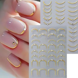 French Line Nail Art Stickers Decals 3D Golden French Curved Nail Decals Luxury Crystal Rhinestones Gold Nail Sliders Self-Adhesive Nail Accessories for Women Girls Nail Art Decoration, 2PCS