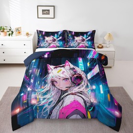 Erosebridal Anime Girl Full Bedding Set,Japanese Style 3D Anime Comforter Set for Kids Girls Boys Room Decor,Sci Fi Style Gaming Quilt Bed Set Hot Pink Colorful Bed Comforter Set 3Pcs