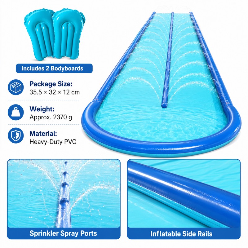 Extra-Wide Backyard Water Slide with Dual Sprayers & 2 Bodyboards