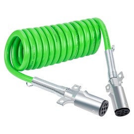 CheeMuii 7 Way Coiled Trailer Cord 12 FT Green ABS Electrical Power Coil Heavy Duty Cable Power Wire for Semi Trucks Trailer Tractors