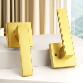 Probrico 5 Pack| Gold Door Handles Passage Door Levers, Heavy Duty Closet and Hall Door Locks Interior Keyless Locksets, Reversible Flat Levers with Square Rosette