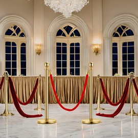 Stainless Steel Stanchion Post, 8 Pcs Gold Stanchions with 5 FT Red Ropes and Poles, Hollow Base and Velvet Ropes Safety Barriers Set Carpet Runner for Party