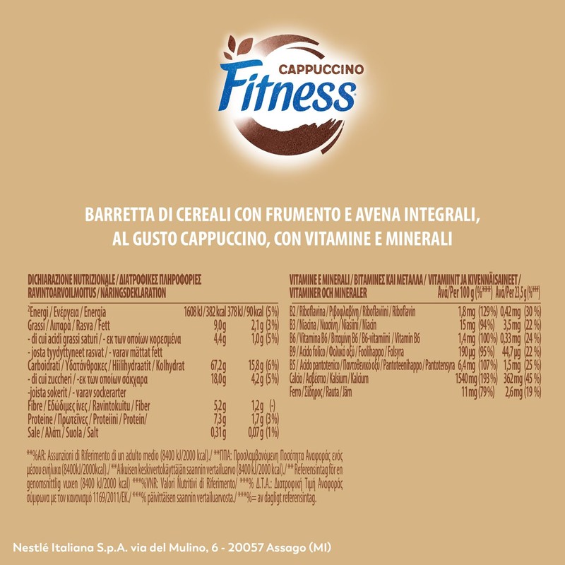 FITNESS Cappuccino Barrette Cereali Integrali gusto Cappuccino, 24 Barrette da