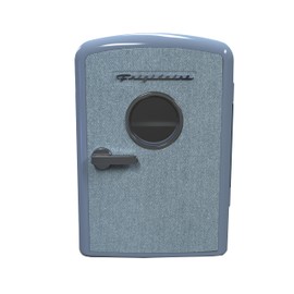 Frigidaire Mini Personal Fridge Cooler, 1 Gal Capacity fits 9 Cans, Includes Plugs for Home Outlet & DC Charger - 9.84" D x 7.09" W x 10.35" H, Light Washed Denim Fabric Door (Renewed)