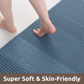 AMOAMI Waffle Bath-Mat, Super Absorbent Bath Mats for Bathroom, Boho Bathroom Rugs Non Slip Washable, Ultra Soft Bath-Mat with Tassels Bath Rugs for Floor Mat, 17" X 24" Blue