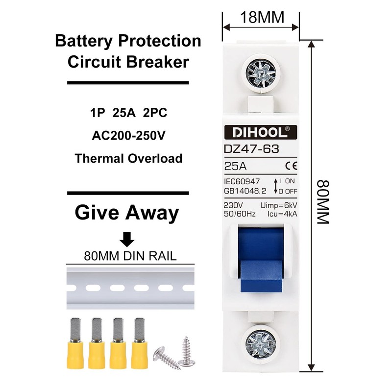 DIHOOL Miniature Circuit Breaker MCB, 1 Pole, 25Amp,230VAC,Type C, 2pcs
