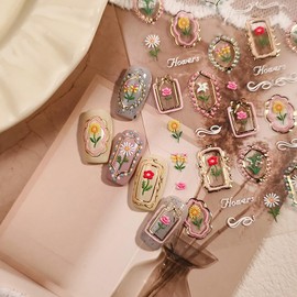 Flower Nail Art Stickers 5D Embossed Nail Decals Tulip with Golden Design Nail Stickers for Spring Nail Art Self-Adhesive Summer Manicure Decorations for Women Acrylic Nail Supplies