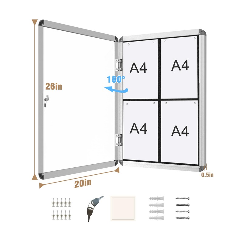 Mifuro 26"x20" Enclosed Bulletin Board, Lockable Weather-Resistant Aluminum Cork Noticeboard