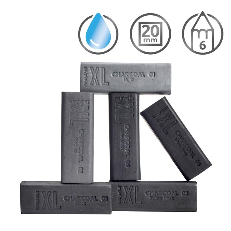 Derwent Charcoal XL Blocks 6 Tin, Set of 6, 60mm