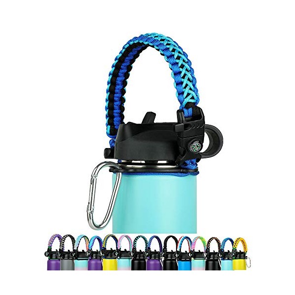 WEREWOLVES Paracord Handle - Fits Wide Mouth Bottles 12oz to 64oz - Durable Carrier, Paracord Carrier Strap Cord with Safety Ring,Compass and Carabiner - Ideal Water Bottle Handle Strap (Blue Blue)