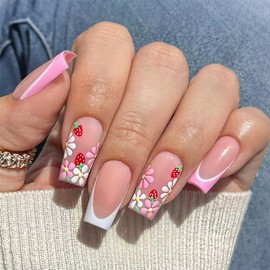 Flower Fake Nails, 24pcs Flower False Nails with Glue, High Glossy Square Press on Nails Long Lasting, Summer Flower Pink Artificial,3D Medium Long Art Decoration Home Manicure