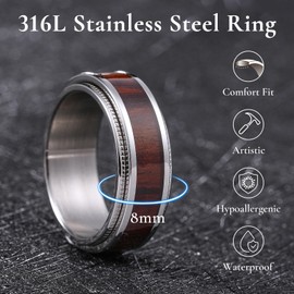 King Will 316L Stainless Steel Men's Wedding Band-8mm Spinner Fidget Men Ring with Sliver Plated and Shabili Wood Inlay, Wooden Spinner Anxiety Wedding Band Comfort Fit Size 11