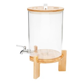 KONKENIE 7.5L/2Gal Glass Drink Dispenser with Spigot -20~180℃ Iced Beverage Barrel Juice Soda Wine Container with Bamboo Stand Tabletop Dispenser Cylinder Jar for Party Picnic Bar Restaurant (7.5L)