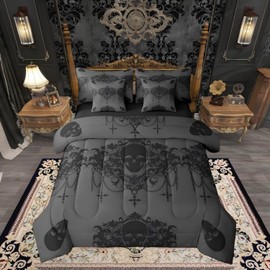 Gothic Bed in a Bag Queen Comforter Set 7 Piece,Goth Sugar Skull Bedding Set,Charcoal Grey Black Damask Bohemian Vintage Floral Comforter and Sheet Set,Exotic Antique Victorian Baroque Decor