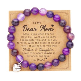 Nexoluxa Gifts for Mom Birthday Daughter Son Moonstone Bracelet Women Mother's Day Natural Stone Healing Bracelets Mom's Adjustable Stretch Jewelry with Quote Card, Purple Dear Mom