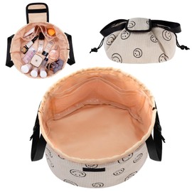 Barrel Drawstring Makeup Bag Large Cosmetic Bag Toiletry Organizer Bag,Portable Large Capacity Travel Makeup Bag for Travel Accessories Essentials and Hair Product (corduroy smile face)