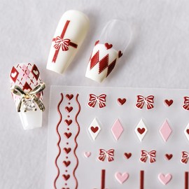 1 Sheets Valentine's Day Nail Art Stickers Self Adhesive 5D Embossed Bow Nail Stickers for Nail Art Red Bows Heart Nail Decals Lattice Nail Design Stickers Valentines Nail Supplies for Women Girl