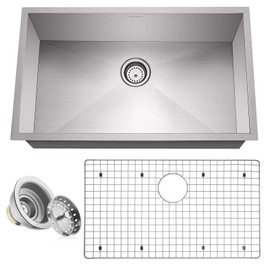Miligoré 32" x 19" x 10" Deep Single Bowl Undermount Zero Radius 16-Gauge Stainless Steel Kitchen Sink - Includes Drain/Grid