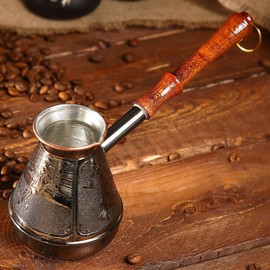 AEVVV Copper Turkish Coffee Maker 10 Oz - Stovetop Cezve Ibrik Vintage Decor Engraved Ornament Sport Themed - Briki Greek Coffee Pot with Wooden Handle