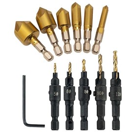 BRIOTA 12 Pcs Countersink Drill Bits Set, Titanium Coated High Speed Steel Counter Sinker Drill Bits with 1/4" Hex Shank, 5 Flute 90° Chamfer Tool (6mm-19mm) for Wood, Plastic, PVC, and Soft Metal