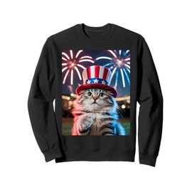4th of July Cat Selfie Uncle Sam Hat Fireworks Funny Patriot Sweatshirt