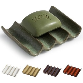 Draining Ceramic Soap Dish - Fluted Design, Bar Soap Holder for Shower & Bathroom, Soap Saver Sponge Lift, Green