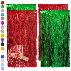 4P 3.2ft x 6.5ft Laser Foil Curtain Christmas Decoration,Red Green Wavy Tinsel Curtain Party Backdrop Glitter,Foil Fringe Streamers Metallic Tinsel Door Hanging Foil Flow Silk Streamers for Xmas Party