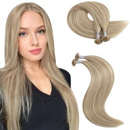 Moresoo Bonding Extensions Real Hair 55 cm U-Tip Extensions Real Hair Golden Blonde with Medium Blonde Keratin Bonding Extensions Real Hair 50 Pieces / 50 g #P16/22