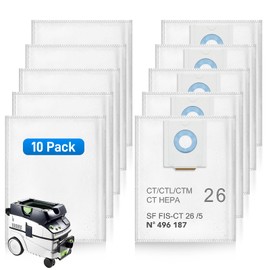10 Pack 496187 Selfclean Filter Bags For Festool CT 26, CTL 26, CTM 26 Dust Extractors Bag, Vacuum Cleaner Bags for Festool Dust Collector, Large Capacity Vac Bags Easy to Trap Dust, Sawdust&Wood Chip