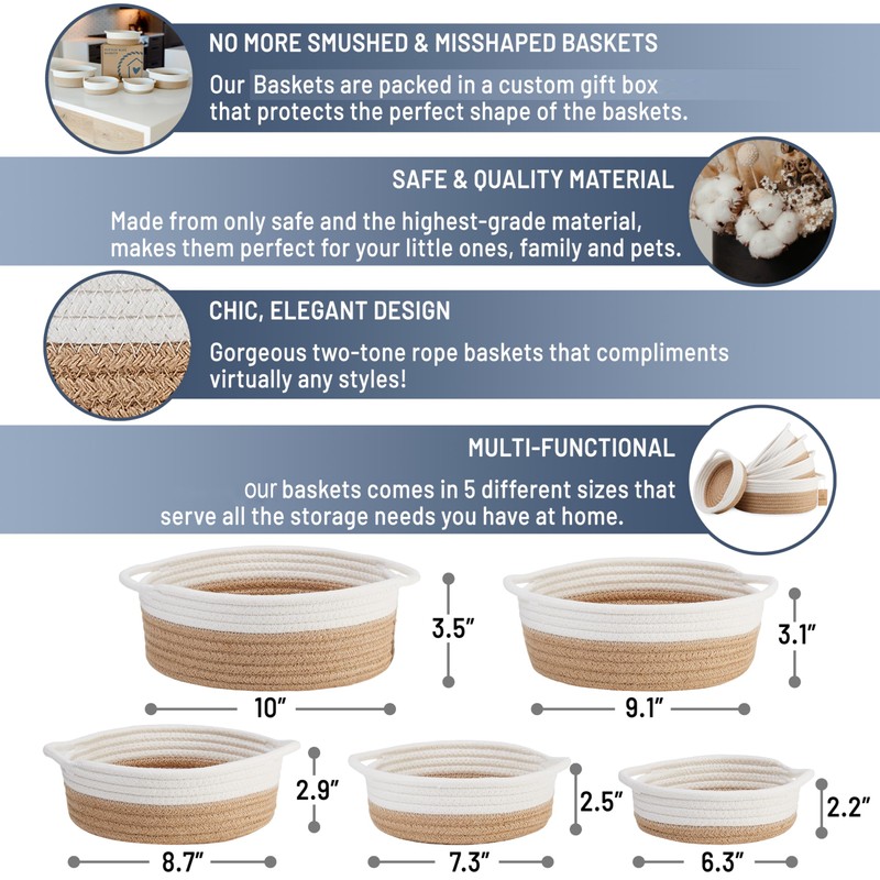 5Piece Round Small Woven Baskets Set, Cotton Rope Baskets for