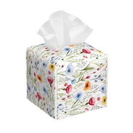 DXTKWL Tissue Box Cover Colorful Wildflower Floral Square PU Leather Tissue Box Holder for Car Bathroom Bedroom Desk Tabletop Decor