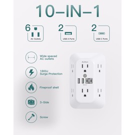 Addtam Surge Protector Outlet Extender, 6-Outlet Splitter with 4 USB Wall Charger(2 USB-C Ports), Multi Plug Wall Outlet 1800J Power Strip for Home Office Dorm Room Essentials