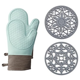 Domonic Home Oven Mitts and Pot Holders Sets, Silicone Oven Mitts Heat Resistant 600F, Oven Mitt Set Soft Lining Good Grip, Oven Gloves and Trivet Mats 4 Piece Set, Aqua Sky-B