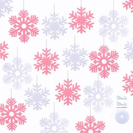 FAZHBARY 40 PCS Pink Snowflake Ornaments Felt White Hanging Snowflake for Winter Christmas Snowflake Party Supplies Decorations