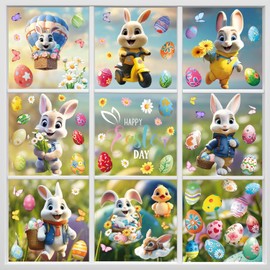 Hianjoo Pegatinas para Ventana de Pascua, 9 Hojas 75 PCS Adhesivos PVC Estáticos, Lindo Conejo de Dibujos Animados, Huevos, Flor y Mariposa para Decoración