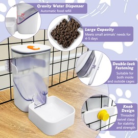 Apatal 34oz Automatic Rabbit Food Dispenser for Cage Hanging Guinea Pig Feeder No Drip Bunny Food Bowl for Ferret Rat Hamster Chinchilla and Other Small Animals (White)