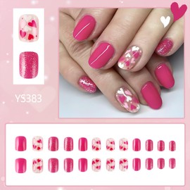 Vopintpy Valentine's Day Multicolor Heart Press on Nails Short Square Fake Nails with Glue on Nails Romantic Valentines Pink Glitter Acrylic Nails Reusable Glossy Stick on Nails for Women