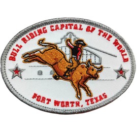 BULL RIDING CAPITAL OF THE WORLD - Vest Patch for Bull Riders and Rodeo - Self Stick - Embroidered 3.5 Inch Sponsor Logo (White)