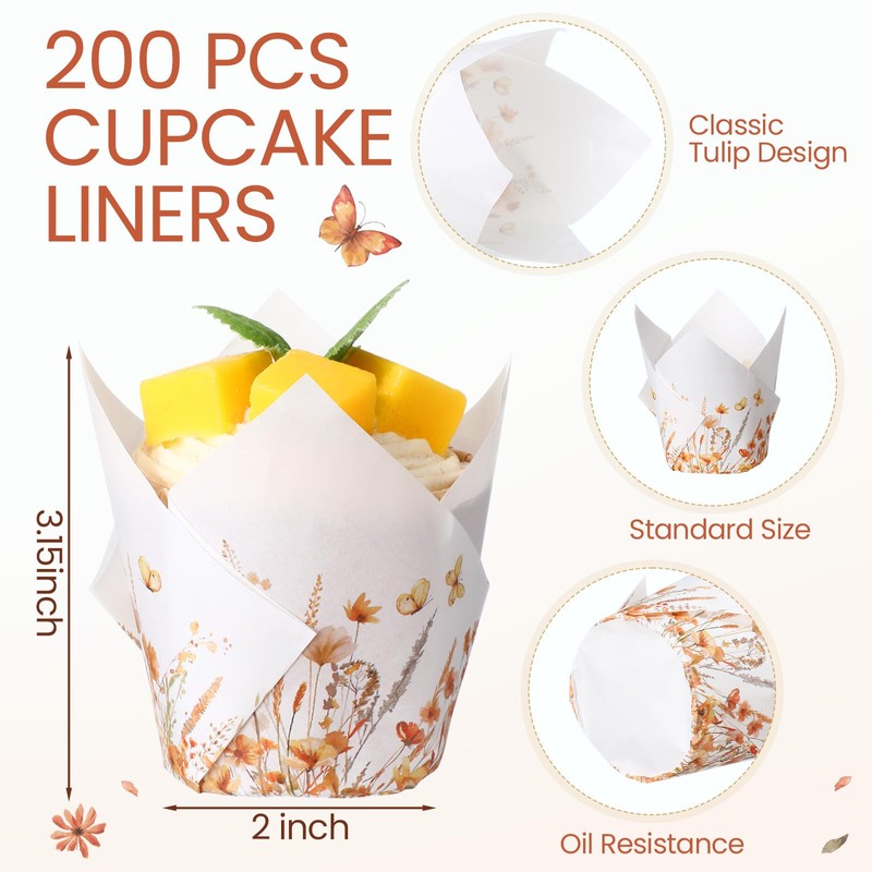 Maxdot 200 Pcs Fall Floral Tulip Cupcake Liners for Baking