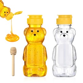 KHDULQ Honey Dispenser, Bear Honey Dispenser Transparent Squeeze Bottle Honey Jar Squeeze Bottle with Honey Stick Flip Lid Syrup Dispenser Preserving Jars Honey Pot for Ketchup Honey (250 ml)