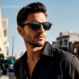 KANASTAL Sunglasses for Women Polarized Retro Round Men's Sunglasses Lightweight TR90 Frame Acetate Temples UV400 Protection, Glossy Black Frame and Black Lenses