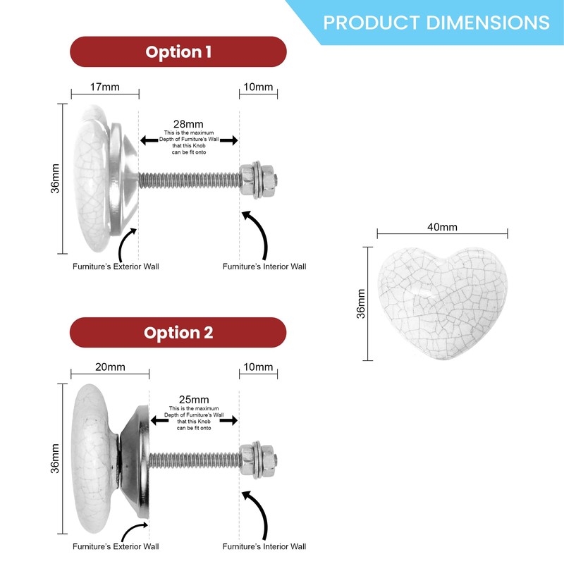 ETHNICITI Pack of 6 Heart White Crackle 40mm Ceramic Door