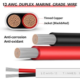 12 Gauge 50ft Marine Wire,2 Core Insulated Duplex Marine Grade Wire Tinned Copper Standard Electrical Wire Outdoor for Boat/Maine/Automotive/RV/Camper/Trailer