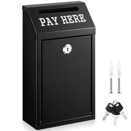 Yaocom Safe Cash Box Money Collection Metal Donation Box with Lock Wall Mount Pre Drilled Mailbox Delivery Ballot for Home Office Outdoor Self Serve Stand(Black,10.2 x 5.7 x 2.8 Inch)