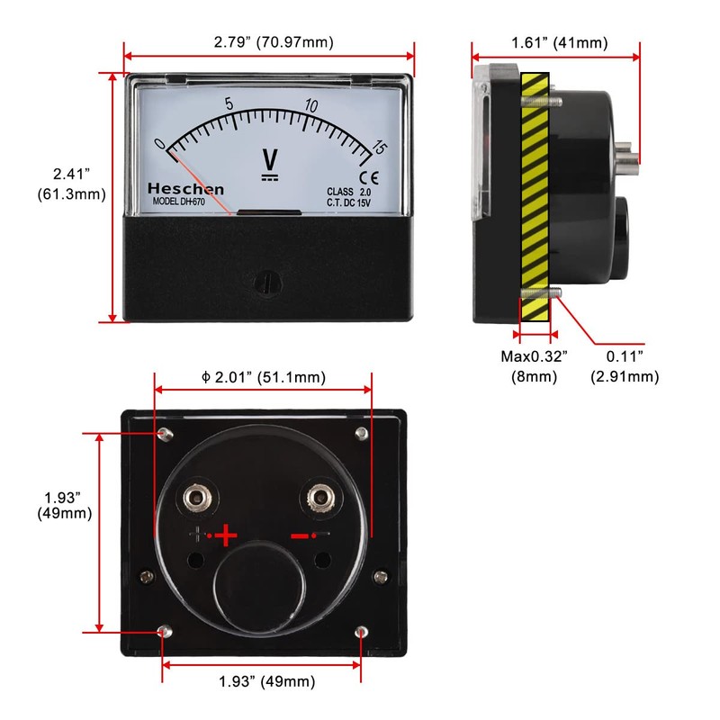 Heschen Rectangular Voltmeter Analogue Panel Volt Voltage Meter DH-670 DC0-15V