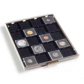 Lighthouse coin box QUADRUM, 20 square compartments up to 50 mm Ø, smoke coloured, with black drawer