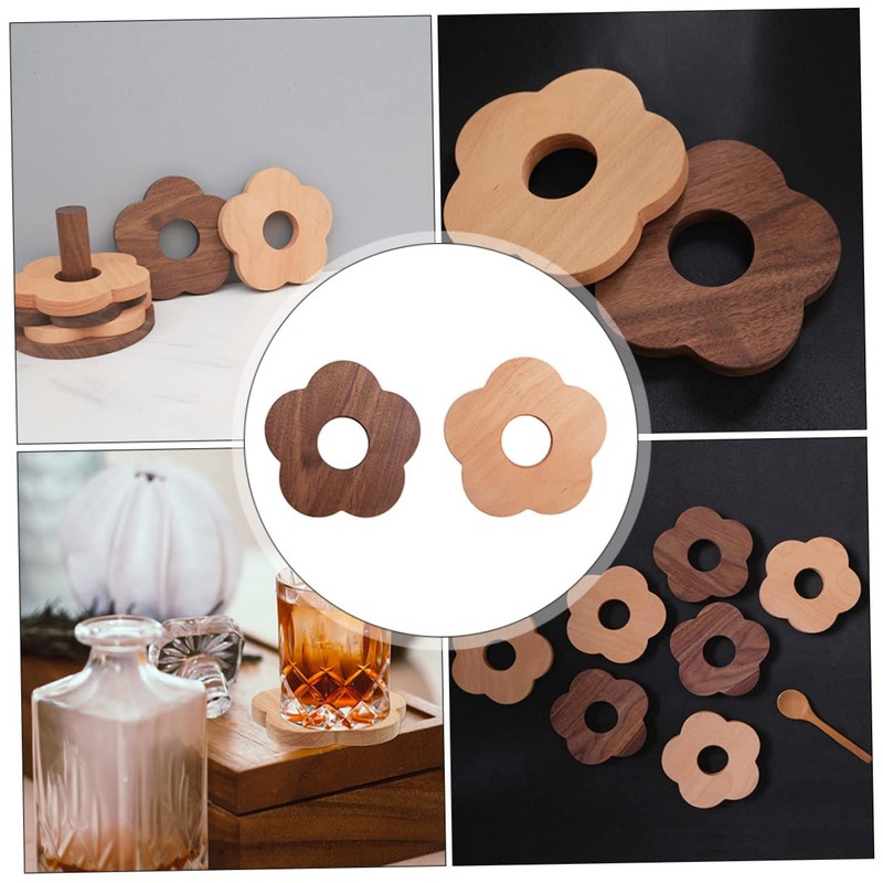 LABRIMP 2pcs Chic Wooden Cup Mats Heat Resistant Flower Shaped