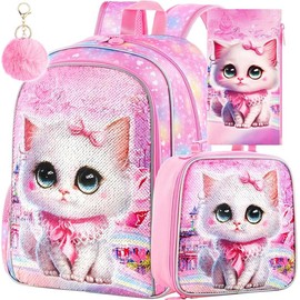 gxtvo 3PCS Cat Backpack for Girls, 16" Kids Bookbag and Lunch Box for Elementary School Toddler Kindergarten Preschool