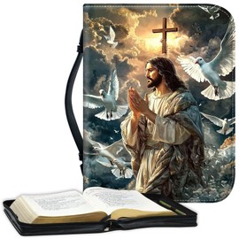 DEGDFSGR Leather Bible Cover Case for Women with Handle and Zipper, Large Capacity Bible Case Bible Cover for Men, Bible Bag Carrying Case Study Bible Supplies, Jesus with White Doves Cross